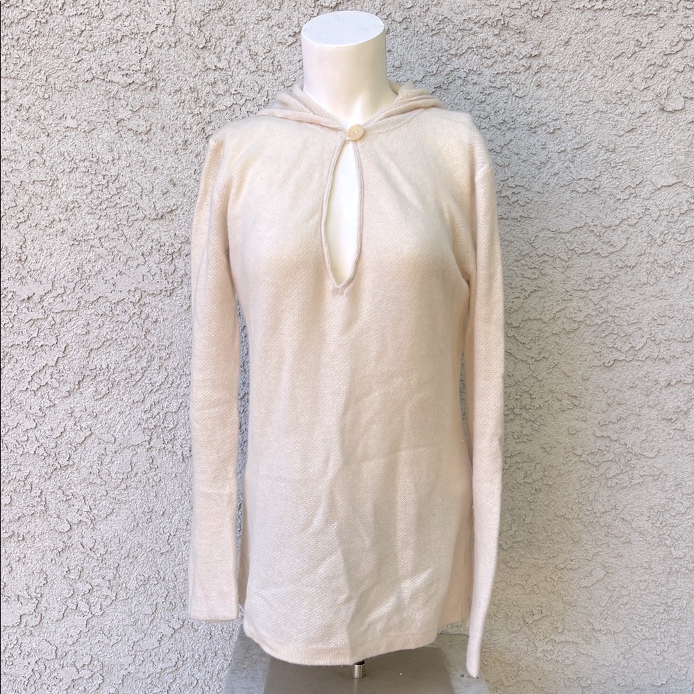GENERRA Cream Knit 100% Cashmere Pullover Sweater Keyhole Hoodie Long Sleeve